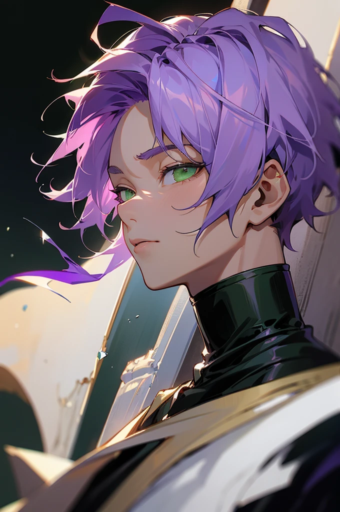 a moon, top-quality, detaileds, masterpiece, kaneki ken, 1 juvenile, Male Focus, solo, Beautiful green eyes, Black background, bangss, Green eyes, Jade Eyes, shorth hair, The shirt, raise two hands, Dark purple hair, shirt with collar, Black shirt, Beautiful lips, looking at viewert, The upper part of the body, tusk, High class, 8K, detaileds, Ray traching, depth of fields, light, glamor、male people、ember、Male 、beautiful male、Beautiful purple hair、Crazily cool