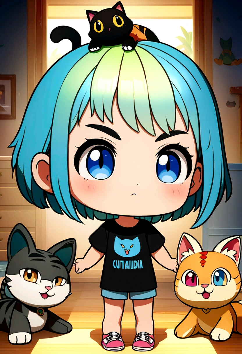 A blue-haired, blue-eyed girl wears an all-black anime shirt with many stuffed animals and a cat., Cutely detailed digital art, By Ryan Yee, Beautiful art style, cute digital painting, Beautiful digital art, good illustrations detalladas, digital anime illustration, Official 3D rendering art, Official highly detailed art, Official illustration of the character, Cool anime, Very cute hq render, Pokemon art style, good illustrations, Detailed fan art
