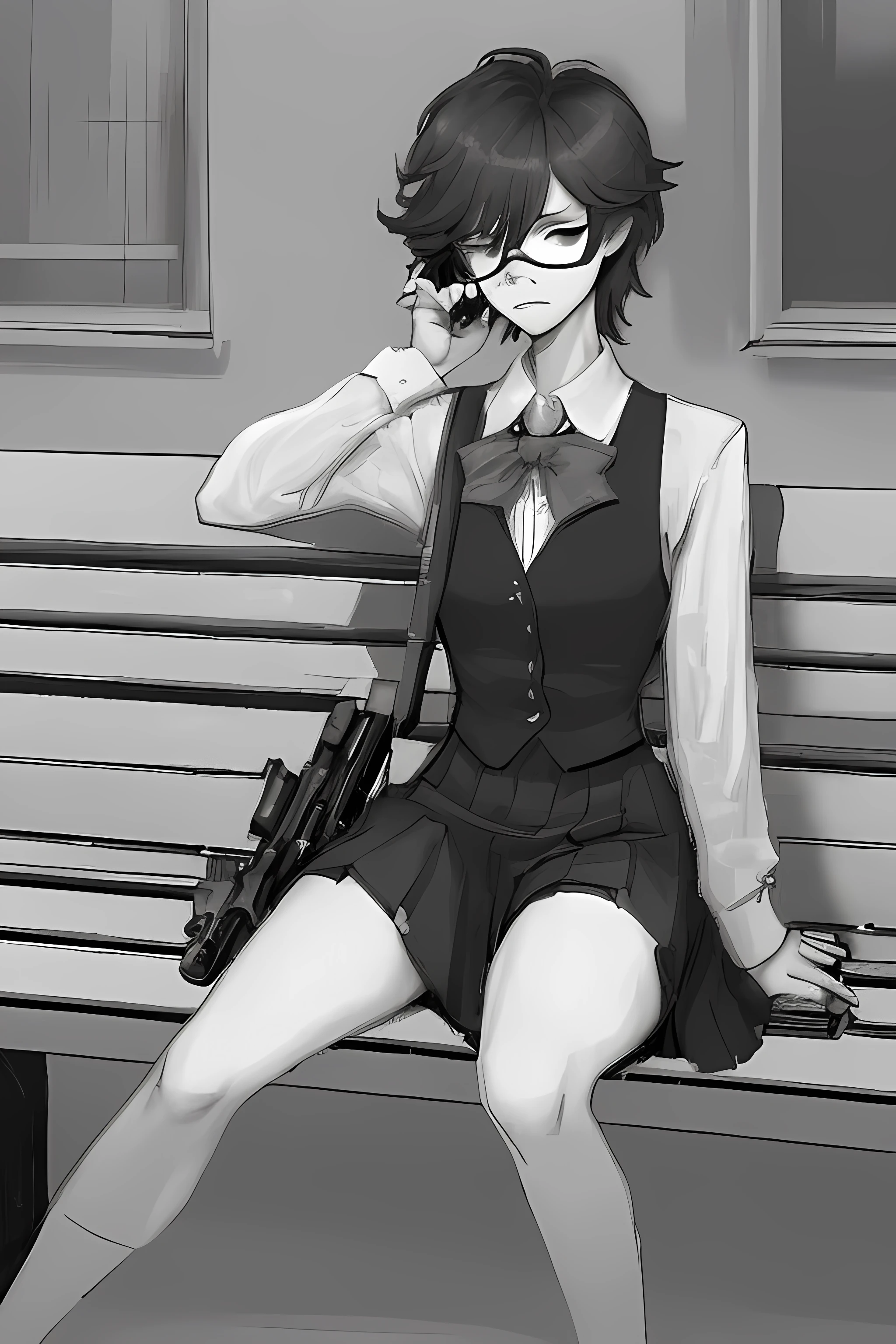 a cisgender woman with glasses on her face, with an irritated expression sitting on a bench, wearing a skirt, With a gun in his hand and a large volume in the center of his