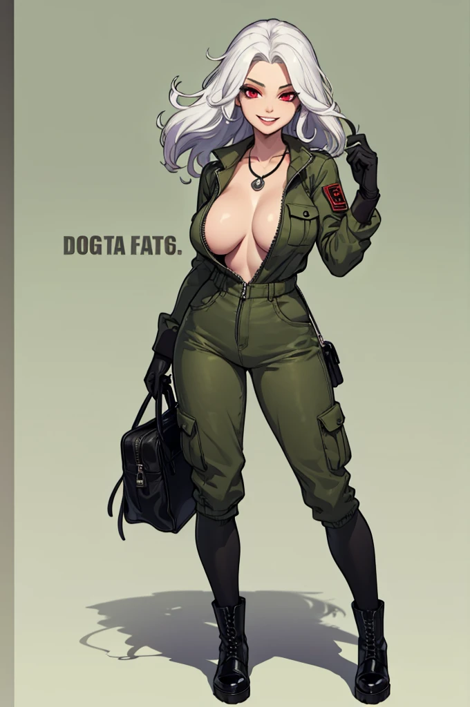 green solid background, 1 woman, best quality, ultra high res, long hair, full lips, white hair, red eyes, loose military jumpsuit, dog-tag necklace, smiling at viewers, wearing black gloves, wearing black combat boots, double D breast, standing, full body