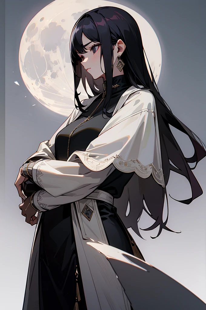 Beautiful, tall woman, mature appearance, long black hair, black eyes, stylish modern clothes, full moon background, ultra detailed
