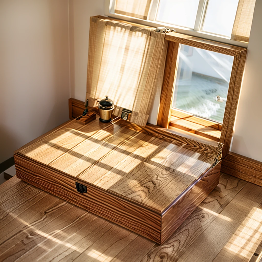 In this cozy room，A ray of sunlight shone through the half-drawn curtains on the table，Let the wood grain on the watch storage box shine with a faint luster。There was a calm and peaceful atmosphere in the air around them。There are several still lifes hanging on the walls of the room，It adds a touch of elegance to the space。And on the other side of the room，The half-open window lets in the breeze，The pages on the small desk by the window turned in the wind，This quiet scene gives a sense of tranquility and comfort。

