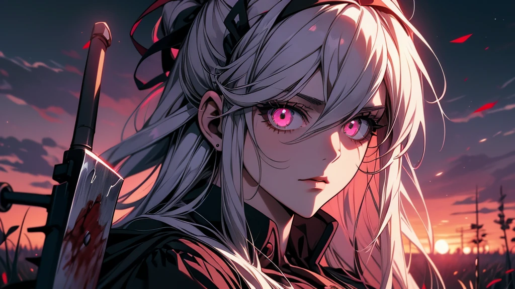 Close-up of a person holding a bloody axe in a field, Yandere. expensive, gapmoe Yandere grimdark, Yandere, gapmoe Yandere, Danganronpa digital art, Kantai Collection Style, portrait gapmoe Yandere grimdark, Fate-like anime style/Stay Night, Yandere intricate, Inspired by Honojin

