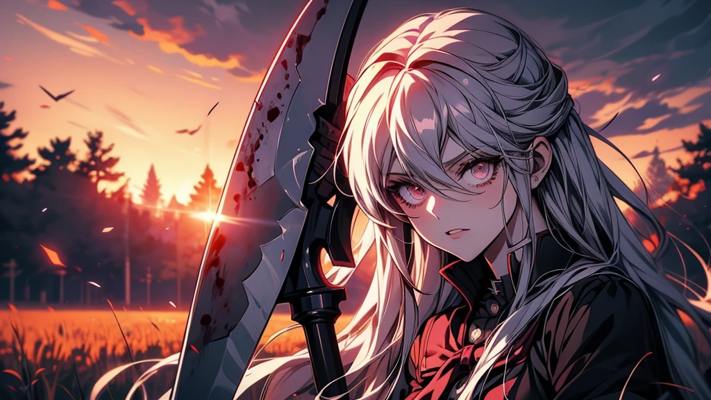 Close-up of a person holding a bloody axe in a field, Yandere. expensive, gapmoe Yandere grimdark, Yandere, gapmoe Yandere, Danganronpa digital art, Kantai Collection Style, portrait gapmoe Yandere grimdark, Fate-like anime style/Stay Night, Yandere intricate, Inspired by Honojin
