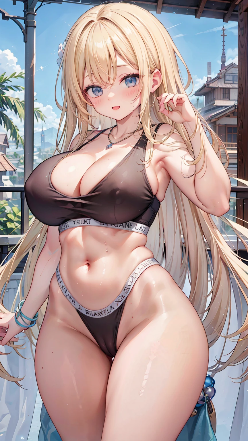 Very detailed、Highest quality、Best image quality、masterpiece、8k、Sparkling blue eyes、Anime Face、A kind smile、(Open your mouth)、(Blonde long hair:1.5)、(SFW Giant:1.5)、(Big Tits:1.9)、ckundies、Cowboy Shot、(White sports thong:1.5)、(highleg:1.8)、(SlightMuscle、Bulky、Bodybuilder、hyper muscle)、(necklace)、(My bra is turned up:1.5)、 panties