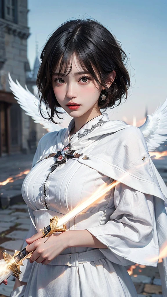 (Highest quality, masterpiece:1.3), shape, ((Beautifully detailed face)), Beautiful and detailed skin, Intricate details, Very detailed, Best image quality in 8K,Fantasy,A world of swords and magic,ファイナルFantasy,(White Mage:1.5), (18-year-old female:) (Large Breasts:1.2),Japanese girl,,(Detailed Hair,Bobcut:1.6,Black Hair),Detailed lips,Open your mouth,blush,Embarrassing,(whole body:1.8), (Castle),Realistic Face,Realistic Skin,(Vibrant Skin),Vivid lips,Lip gloss