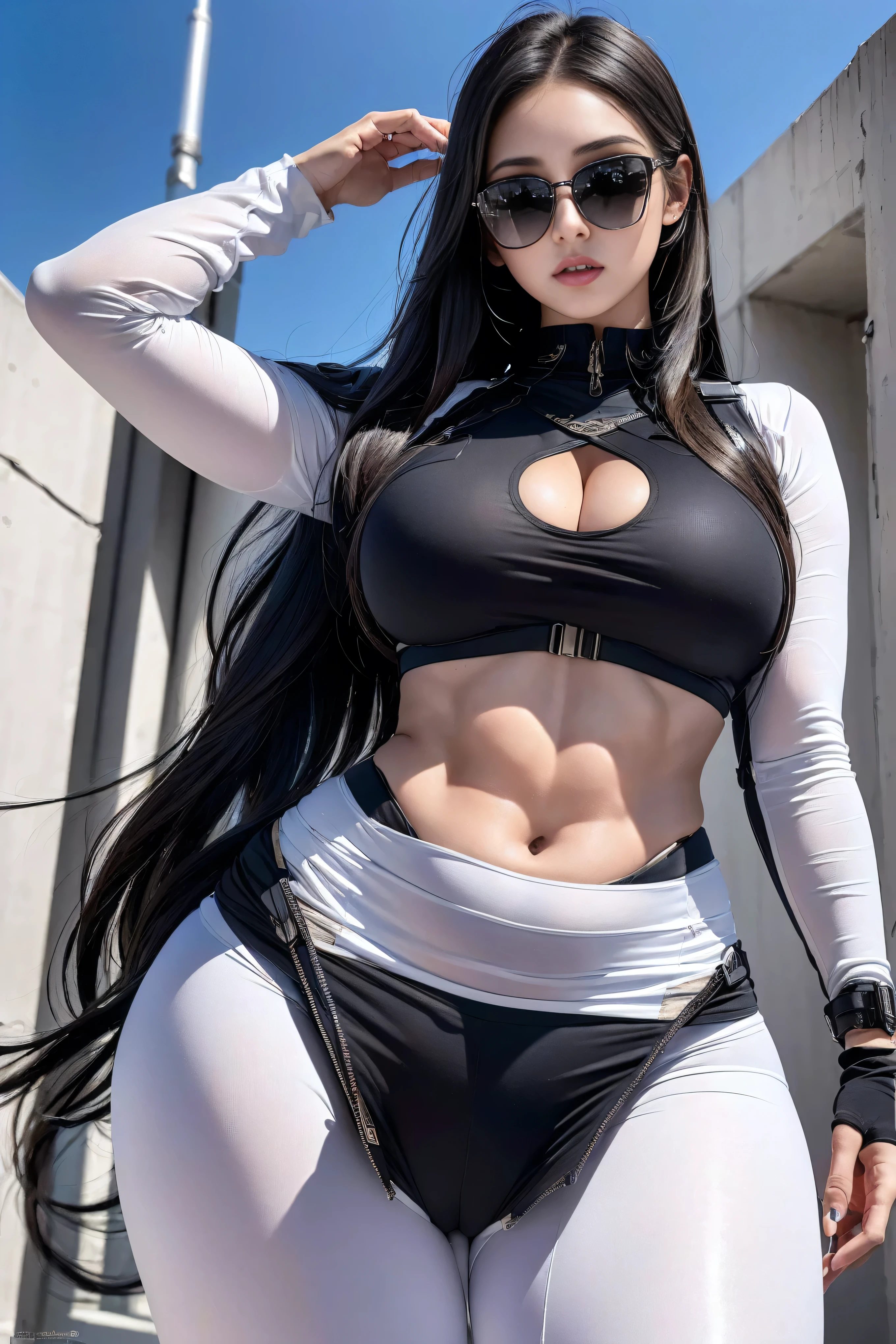 (Highest image quality, Outstanding details, Ultra-high resolution), 1 girl, Set((Futuristic military clothing inspired by white yoga pants, Military wiring harness, Military equipment,For example, military pouches, Aviation Sunglasses)), (Attractive figure, Curvy body, Fit body, Tight abs), background(At military bases), (Dynamic poses)