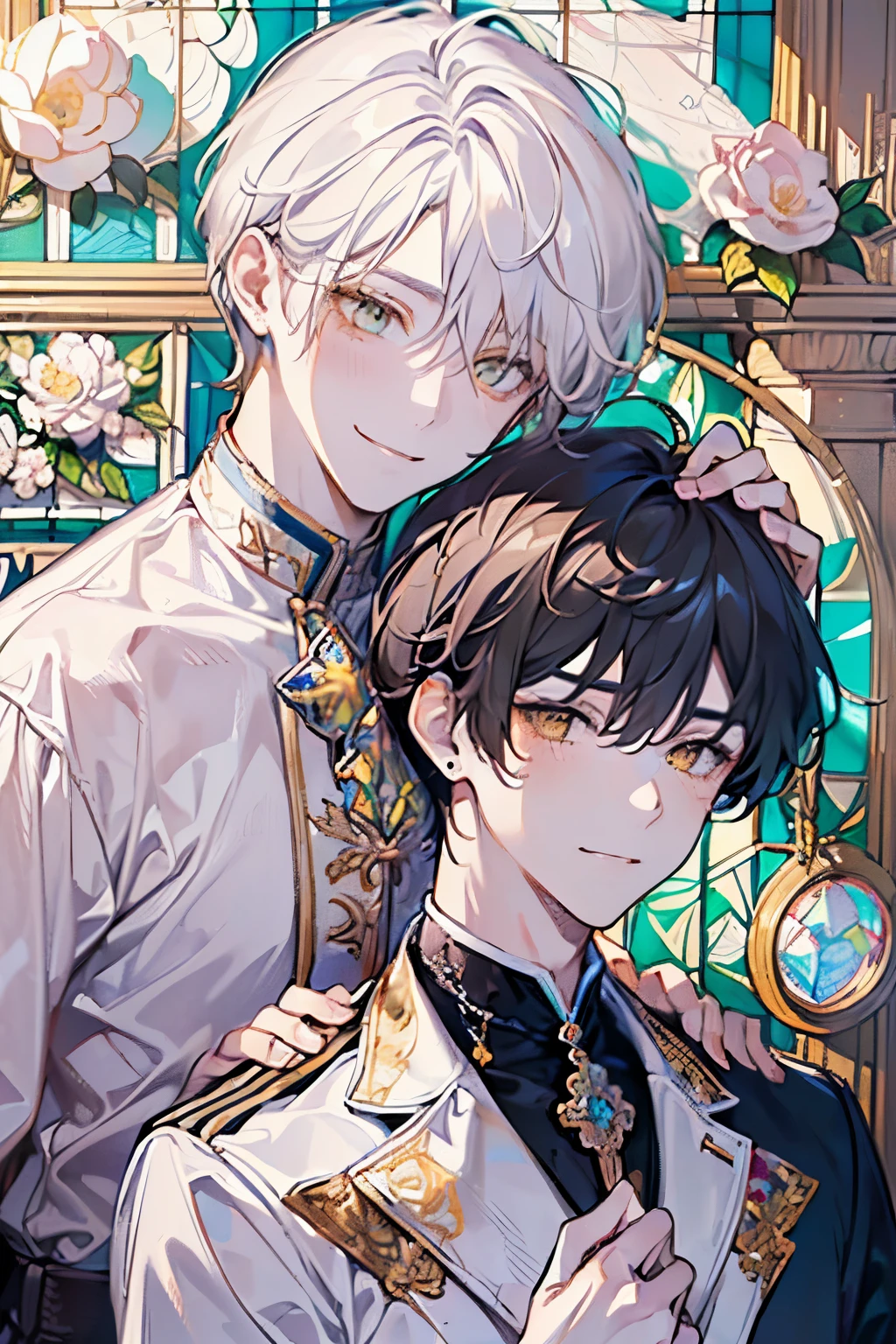 ((Two men facing each other:1.3)),masterpiece, best quality,light hair, (half up and half down hair:1.1),(portrait),white dress,(pop and cute flower pattern background), (perfect hands),(,yellow,white),((Large and gorgeous earrings:1.1)),(Blushing and a shy smile:1.35),((upper body)),((Stained glass wall with angels:1.2)),((Chapel:1.3)),