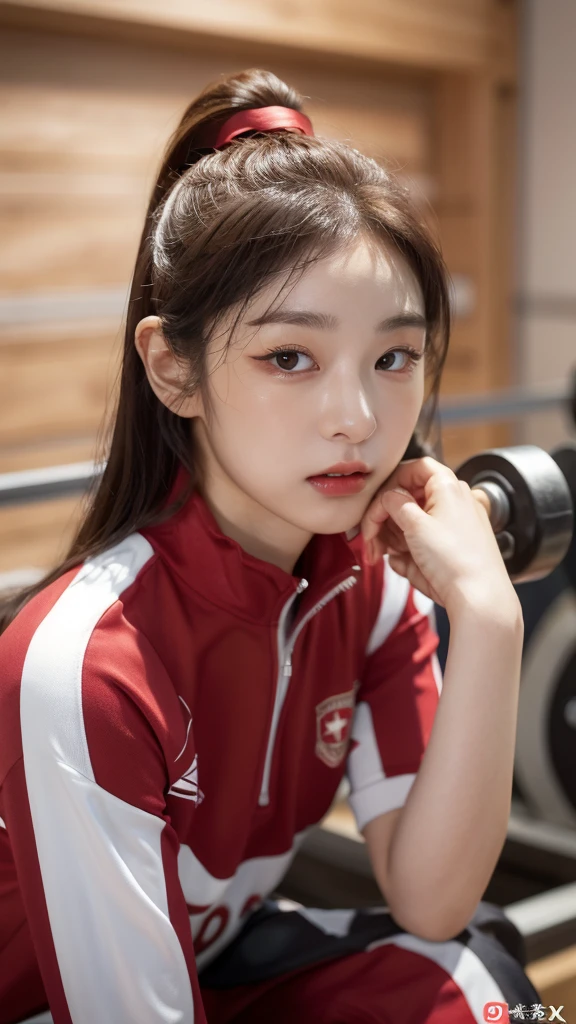 Highly detailed CG Unity 8K wallpapers,top Quority,Super detailed,tmasterpiece,realisticlying,photograph realistic,Very detailed cute girl,25 age old,musculature,Microabs,Round eyes,peeping at the viewer,Be red in the face,parted lip,Half-body shooting,
track suit , gym room,
