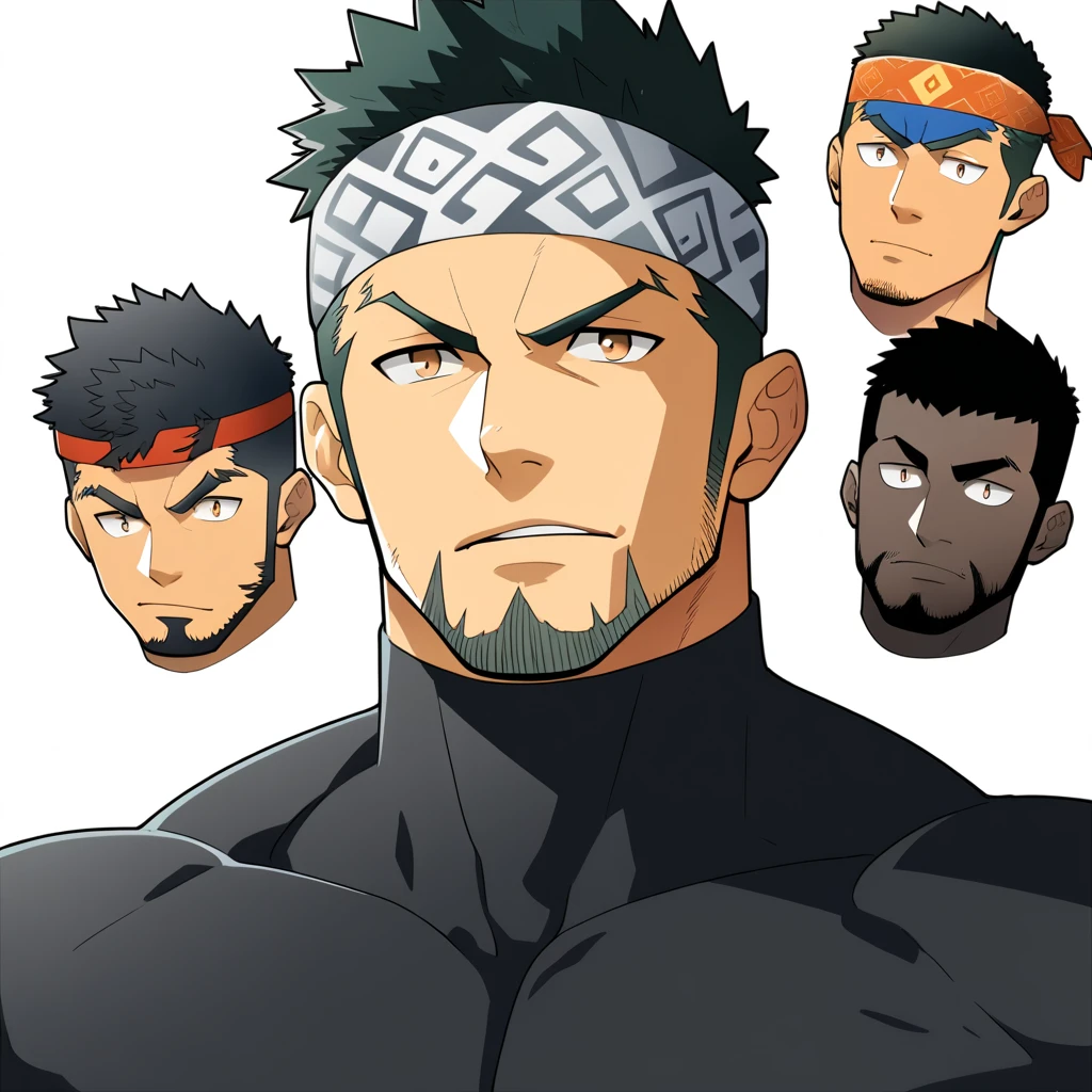 one negro, anime characters：Gyee, Priapus, 1 muscle man, negro black skin, Very Black, muscular tough guy, Manliness, sports headband, male focus, Grey long sleeve turtleneck tight t-shirt, Regular symmetrical pattern, Very tight, muscular male, muscular, only, Upper body, alone, Black short hair, Thick eyebrows, stubble, Brown eyes, White background, simple background, amazing quality, best aesthetics, Ridiculous, bright pupils, crew cut, parted lips, v-shaped eyebrows, jitome, best quality