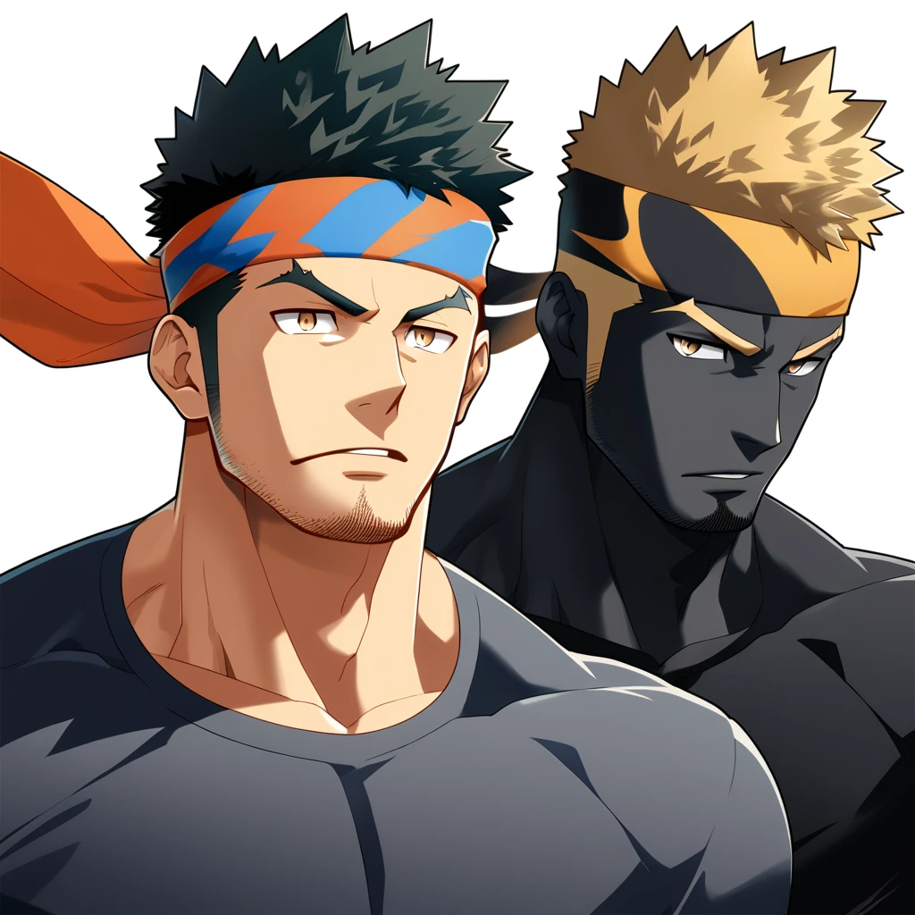 anime characters: 1guy, Bara, 1 Muscular guy, solo, huge pecs, pectorals are oversized, sleeveless basketball jersey, black shorts, purple beanie, small pupils, orange eyes,  stubble, smile, black skined male, back, big ass, gray background, best quality