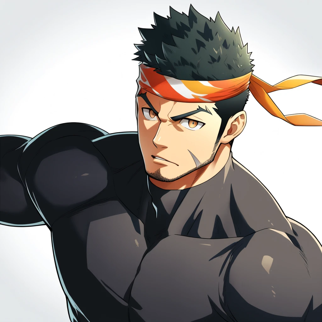 one negro, anime characters:Gyee, Priapus, 1 muscle man, negro black skin, Very Black, muscular tough guy, Manliness, sports headband, male focus, Grey long sleeve turtleneck tight t-shirt, Regular symmetrical pattern, Very tight, muscular male, muscular, only, Upper body, alone, Black short hair, Thick eyebrows, stubble, Brown eyes, White background, simple background, amazing quality, best aesthetics, Ridiculous, bright pupils, crew cut, parted lips, v-shaped eyebrows, jitome, best quality