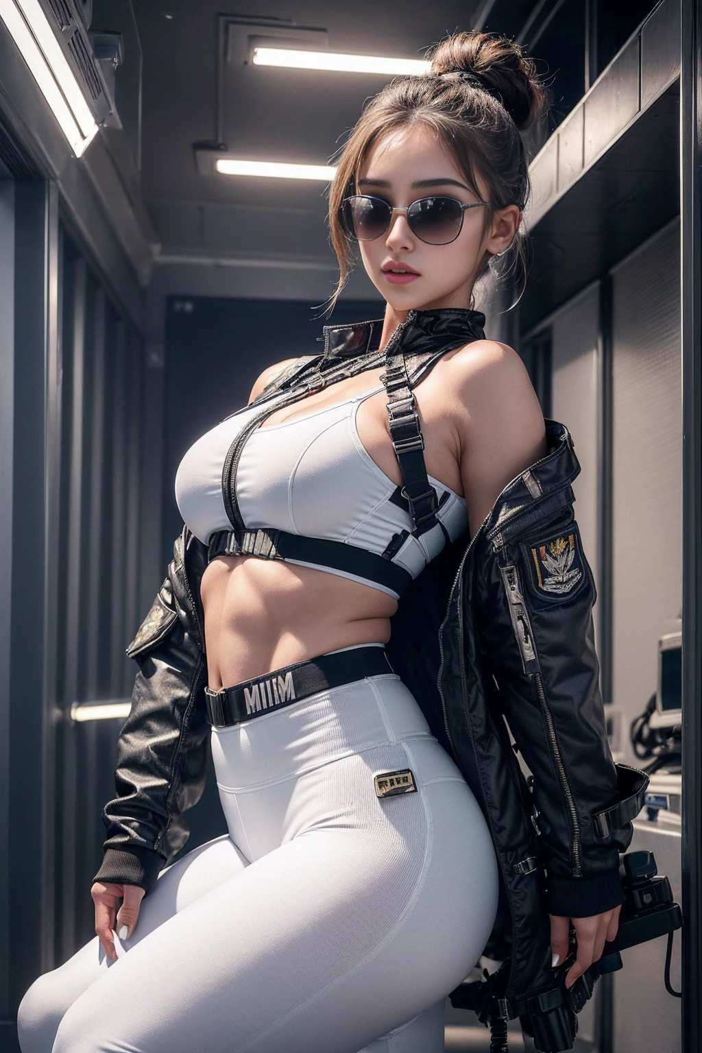 (Highest image quality, Outstanding details, Ultra-high resolution), 1 girl, Set((Futuristic military clothing inspired by white yoga pants, Military wiring harness, Military equipment，For example, military pouches, Aviation Sunglasses)), (Attractive figure, Curvy body, Fit body, Tight abs), background(At military bases), (Dynamic poses)