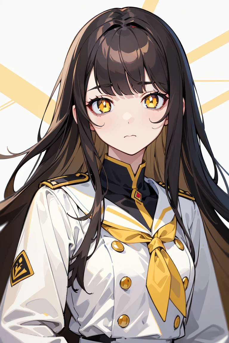 (masterpiece, best quality, ultra high quality:1.1), ((portrait)), 1girl, solo, mature with long hair, black hair, straight hair, blunt bangs, ((light yellow eyes, white pupils)), ((white pupils)), neutral, innexpressive, sad, naval uniform with red highlights, upper body, standing, hands behind back, isometric lightning, white background, simple background