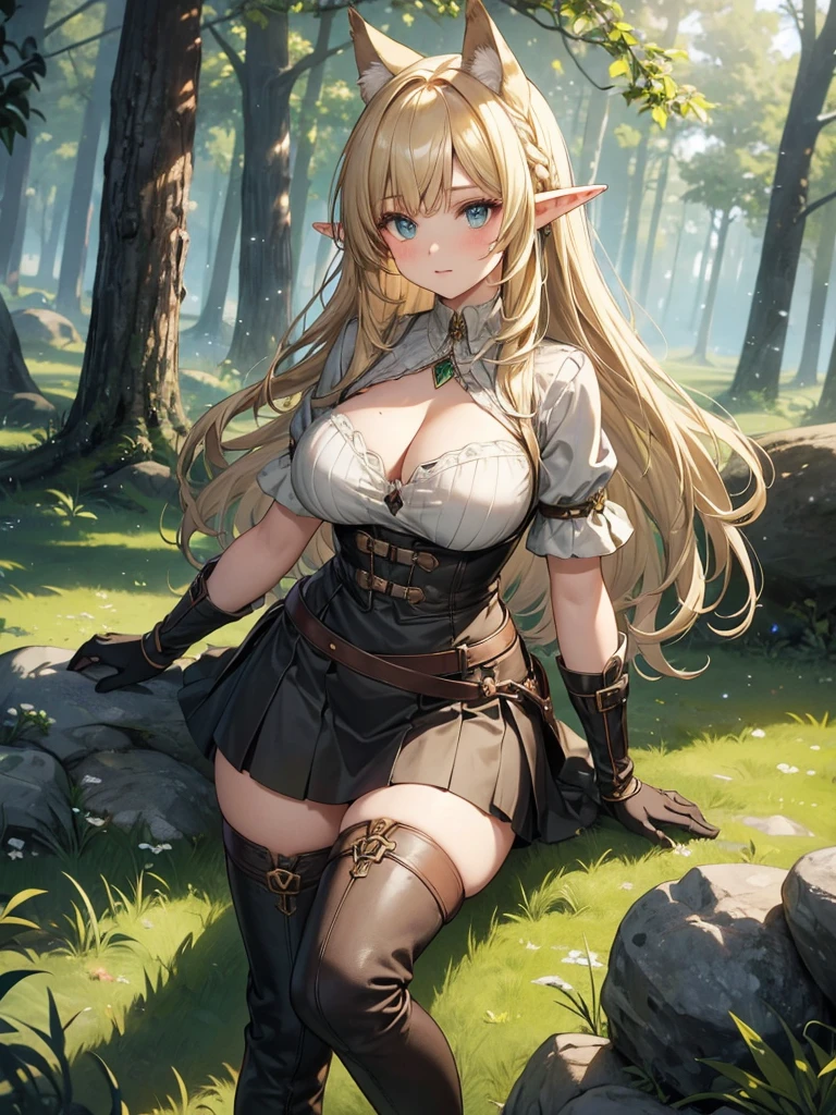 (Just one person) Features: A adventurer, fair-skinned elven woman, with elven ears, a curvy body, a thin waist, very large large bust, and wide hips. She has big sapphire blues eyes. Her hair is long blonde wolfcut style and half up half down with long curtain bangs and side bangs. Her expression is neutral. Outfit: She wears a adventurer's brown leather over-the-knee boots with laces, adventurer's brown gloves with straps that reach the elbow, a brown leather strap with ties, a very short black skirt, a low-cut green shirt with ruffles at the neckline and at the ends of the short sleeves and a necklace with a greenish diamond pendant. Setting: The place around her is a pine forest with light green leaves. The terrain has large gray stones and green grass.
