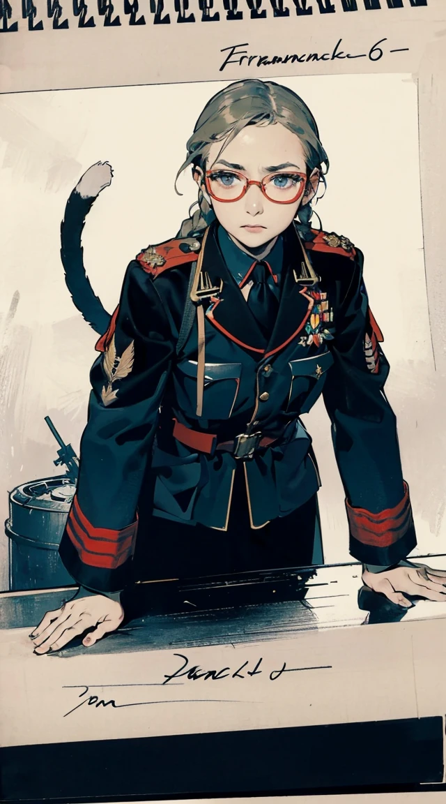 (mechanical armor with reference to a dung beetle), power pipes, hydraulic cylinders, ultimate intricate detail, Japanese female soldier in mechanical armor, very beautiful face, realistic, full body shot, sortie from secret base  (8k, RAW photo, best quality, masterpiece:1.2),    RanmaChan, RanmaRedShirt　　girl, cat ears, cat tail, (tears:1.1), exhausted, (parted lips:0.9), cute, 
medium breasts, (sideboob:0.9), 
sideless, torn frayed tattered tunic, torn frayed tattered socks, 
sitting, wariza, leaning forward, ruins, crumbling world, storm, black hole, puddle, 
sharp focus, looking at viewer, 
(intricate:1.1), (dark blue theme:1.1), (dark blue tone:1.1), (grey tone:1.1), illustration, (anime coloring:1.1),  modesta, tiro remoto, Detalhe bonito rosto delicado, Olhos delicados bonitos detalhados, perfect facial proportions, High definition skin, pele fina, best four inch aspect ratio. Com um polegar, uma obra-prima, altamente detalhado, Realistic, (German World War II general uniform reference : 1.8), the highest facial resolution, , mulher modestamente vestida, vestido inteiramente, ( pequeno, cabelos pretos, black franja reta, super thin braids, franja reta, Red glasses, olho verde escuro, science fiction, Fighter aircraft, standing On the landing of a Fighter aircraft, the agency, uma personalidade profundamente inteligente, A calm expression, um rosto respeitoso, uma guerra, a Fighter aircraft　BIGHIP　BIGASS　FUCKOFF　FUCKFUCKFUCK