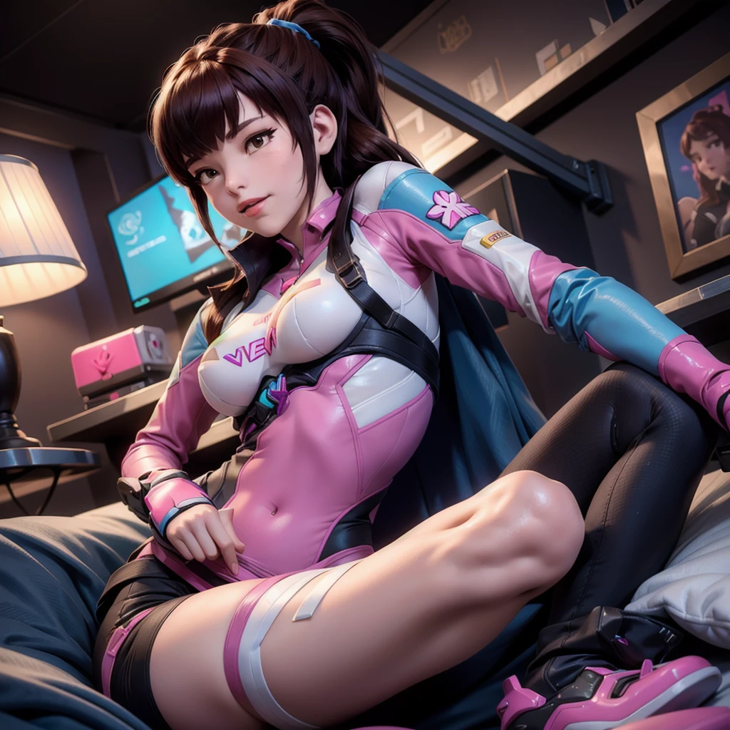 ((DVA from Overwatch)) without her mech, a woman with short brown hair in a (ponytail),she sits with her legs spread, high quality refelctions, volumetric lighting, she is wearing her classic thin tight figure hugging stretchy pink white and ((blue)) full bodysuit, soft sport bodysuit, in her bedroom on her bed, 1 girl solo, cinematic lighting, high resolution, physically-based rendering, 8k, volumetric lighting, hyperrealistic, detailed facial features, masterpiece, full upper body, gaming setup in background, cinematic, you can see the fabric of the shirt and the knits very detailed,((she has very small breasts)),  flat  breasts  , the focus is on her whole body and the environment, cinematic screenshot, you can see the (whole room) and her sitting on the bed, the picture has a very soft look at soft textures, cute sleepy smile, her arms are on a game controller, DVA is gaming before sleeping, woman body