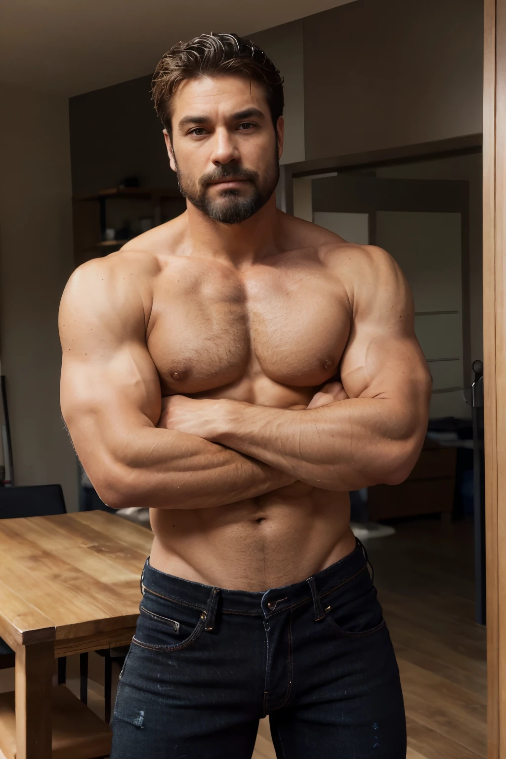 handsome mature man in his 50s,white man with a tanned complexion,(well-defined pecs and arm muscles),full body, facial hair styled into a neatly groomed beard,(intelligent and alluring eyes),a captivating, symmetric face with strong and defined facial features,a confident smirk on his lips,giving off an air of wisdom and rugged charm,beefy build that emanates strength and vitality. ((Full body)), (((shirtless))) (((black jeans))) (((manly)))