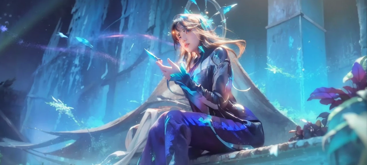 (Magical and beautiful sky blue stream overlay pattern costume detail depiction), Soft lighting, Clean background, Beautiful sky scenery, Masterpiece, High quality, Beautiful graphics, High detail,woman，beachside, Sharp focus，Extend the framework, Inspiring 16K wallpapers,