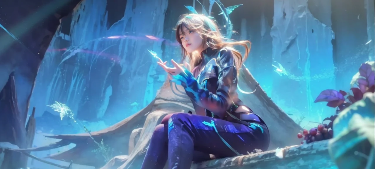 (Magical and beautiful sky blue stream overlay pattern costume detail depiction), Soft lighting, Clean background, Beautiful sky scenery, Masterpiece, High quality, Beautiful graphics, High detail,woman,beachside, Sharp focus,Extend the framework, Inspiring 16K wallpapers,