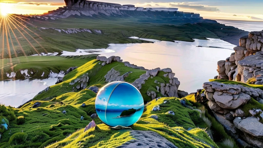 mini\(ttp\), (8k, RAW photo, best quality, masterpiece:1.2), island, miniature, landscape, Crystal ball,on rock,
 