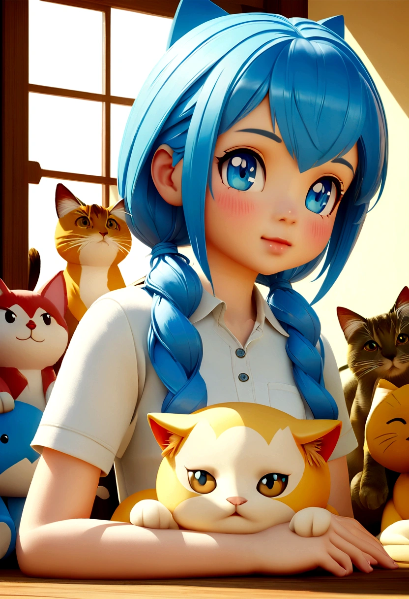 Anime girl with many stuffed animals and a cat.,Blue hair, blue eyes, cute detailed digital art., By Ryan Yee, Beautiful art style, cute digital painting, Beautiful digital art, good illustrations detalladas, digital anime illustration, Official 3D rendering art, Official highly detailed art, Official illustration of the character, Cool anime, Very cute hq render, Pokemon art style, good illustrations, Detailed fan art
