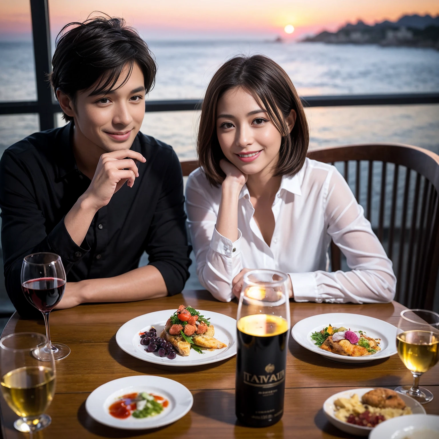 ((Highest quality、8k、masterpiece:1.3))、 (Genuineistic, Genuine、Bright image、Intricate details:1.2), 最高のsmile、1 male, 1 female、Beautiful couple、Satomi Ishihara-like lover、Good friends、actress couple、smile、Full-course dinner at a packed table、 (Slim face), (the body is slim), (Brown Hair), (short hair), テーブルのwine glass、Please shine a light on my face、 Amazing view of the sunset sky and clouds、 (36 years old)38 years old, red wine 、Appetizers、Wine bottle、sparkling wine、Long sleeve shirt、dress、White wine, red wine, wine glass, 
