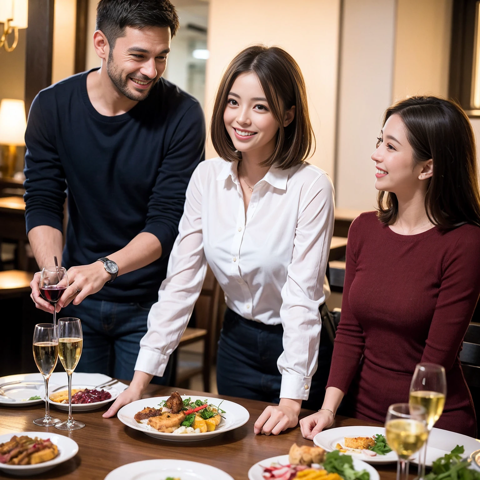 ((Highest quality、8k、masterpiece:1.3))、 (Genuineistic, Genuine、Bright image、Intricate details:1.2), 最高のsmile、1 male, 1 female、Beautiful couple、Satomi Ishihara-like lover、Good friends、actress couple、smile、Full-course dinner at a packed table、 (Slim face), (the body is slim), (Brown Hair), (short hair), テーブルのwine glass、Please shine a light on my face、 Amazing view of the sunset sky and clouds、 (36 years old)38 years old, red wine 、Appetizers、Wine bottle、sparkling wine、Long sleeve shirt、dress、White wine, red wine, wine glass,