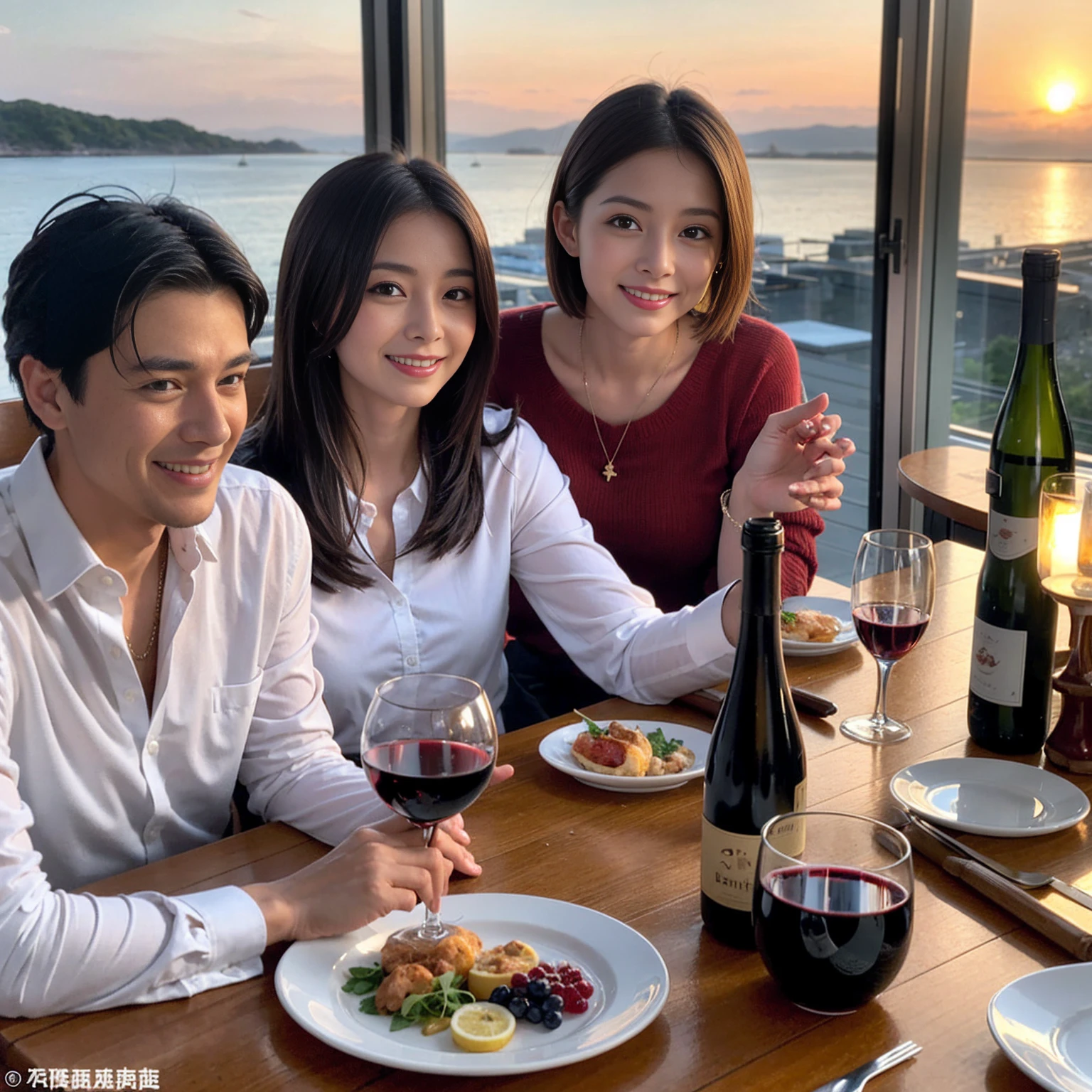 ((Highest quality、8k、masterpiece:1.3))、 (Genuineistic, Genuine、Bright image、Intricate details:1.2), 最高のsmile、1 male, 1 female、Beautiful couple、Satomi Ishihara-like lover、Good friends、actress couple、smile、Full-course dinner at a packed table、 (Slim face), (the body is slim), (Brown Hair), (short hair), テーブルのwine glass、Please shine a light on my face、 Amazing view of the sunset sky and clouds、 (36 years old)38 years old, red wine 、Appetizers、Wine bottle、sparkling wine、Long sleeve shirt、dress、White wine, red wine, wine glass,