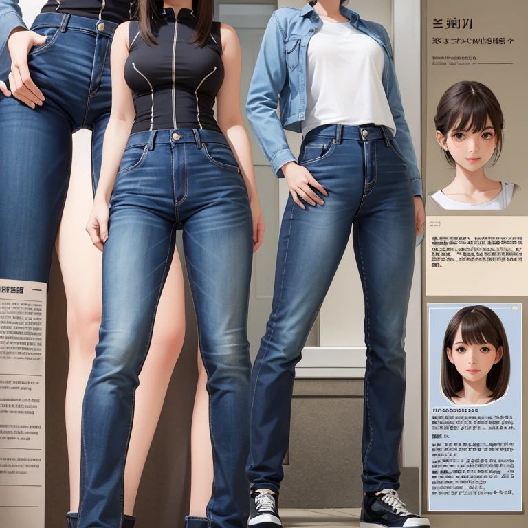 Detailed character sheet, Front view, Side view, Diagonal view, with a white returnground, show women, 18-year-old, with short dark brown hair combed return, Wearing light casual clothing, Wearing tight denim jeans. The seat includes different angles, Front etc., return, and Side views, Model sheets and reference sheets, Full-body painting. Proportions are based on a 7.5 head scale