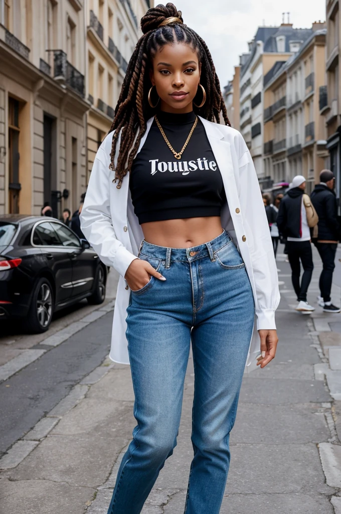 Description physique :
Amber est une femme métisse éblouissante, avec une peau caramel lumineuse et une silhouette fine et élégante. She has well defined curves, une taille fine et des hanches marquées, reflecting a physique often considered perfect. Her long, thick locs fall down to her waist, avec les pointes teintes en blond, ajoutant une touche sophistiquée et unique à son apparence.

Style vestimentaire :
Amber est une icône du streetwear de luxe, combining designer pieces with urban chic style. Voici quelques éléments typiques de sa garde-robe :

A fitted designer crop top, often decorated with elegant details, mettant en valeur sa silhouette fine et ses abdominaux toniques.
High-waisted designer leather or denim pants, accentuant sa taille fine et ses hanches.
Des baskets de luxe, in limited edition, complétant son look streetwear sophistiqué.
High-end accessories like gold chains, elegant rings and hoop earrings, souvent assortis à ses tenues.
Attitude :
Amber est une femme confiante et charismatique, rayonnant d'énergie positive. Elle inspire ses followers par son style audacieux et son attitude assurée, toujours à l'avant-garde des tendances de la mode urbaine de luxe. She regularly shares style tips and tricks to stay stylish in any situation.

Hobbies :

Mode streetwear et haute couture urbaine
Séjours dans des hôtels de luxe et voyages de prestige
Culture urbaine et musique hip-hop/R&B Fitness and Wellness Photography and Visual Content Creation Social Media Activities :
Amber publie régulièrement des photos de ses tenues stylées prises dans des hôtels de luxe, des vidéos de ses expériences de voyage, des collaborations avec des marques de mode haut de gamme, et des moments de détente dans des cadres luxueux. Elle interagit activement avec ses followers, responding to their comments and giving them advice
