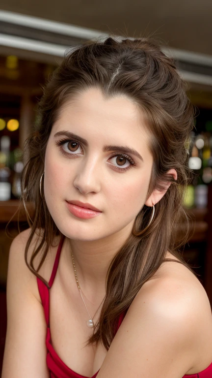 (full body) full-length shot of Laura Marano, beautiful woman sitting in bar, black hair up hair up sweep, in a nightclub (full body: 1.3), wearing pearl necklace, lots of oil on body, head arched back in pleasure, slutty, orgasmic expression, huge cleavage, wearing hoop earrings, ultra sharp focus, sexy red dress, full body, (masterpiece) (best quality) (detail) intricate details, highly detailed, sharp focus, professional, photorealistic, post-processing, max detail, roughness, real life, ultra realistic, photorealism, photography, photography, high detailed skin, detailed skin, best ratio four finger and one thumb (realistic, photo-realistic:1.37)