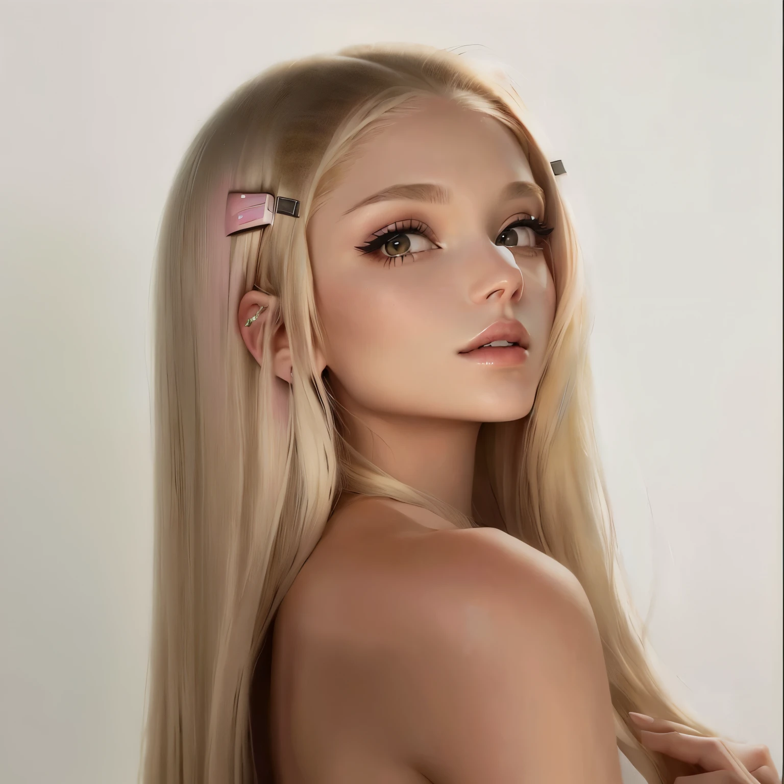 blonde woman with long hair and a pink hair clip, straight hairstyle, ariana grande, portrait of ariana grande, her hair is white, blonde straight hair, straight hair, sleek blond hair, a girl with blonde hair, 18 years old, long straight blonde hair, with long blond hair, 1 6 years old, her hair is long and straight