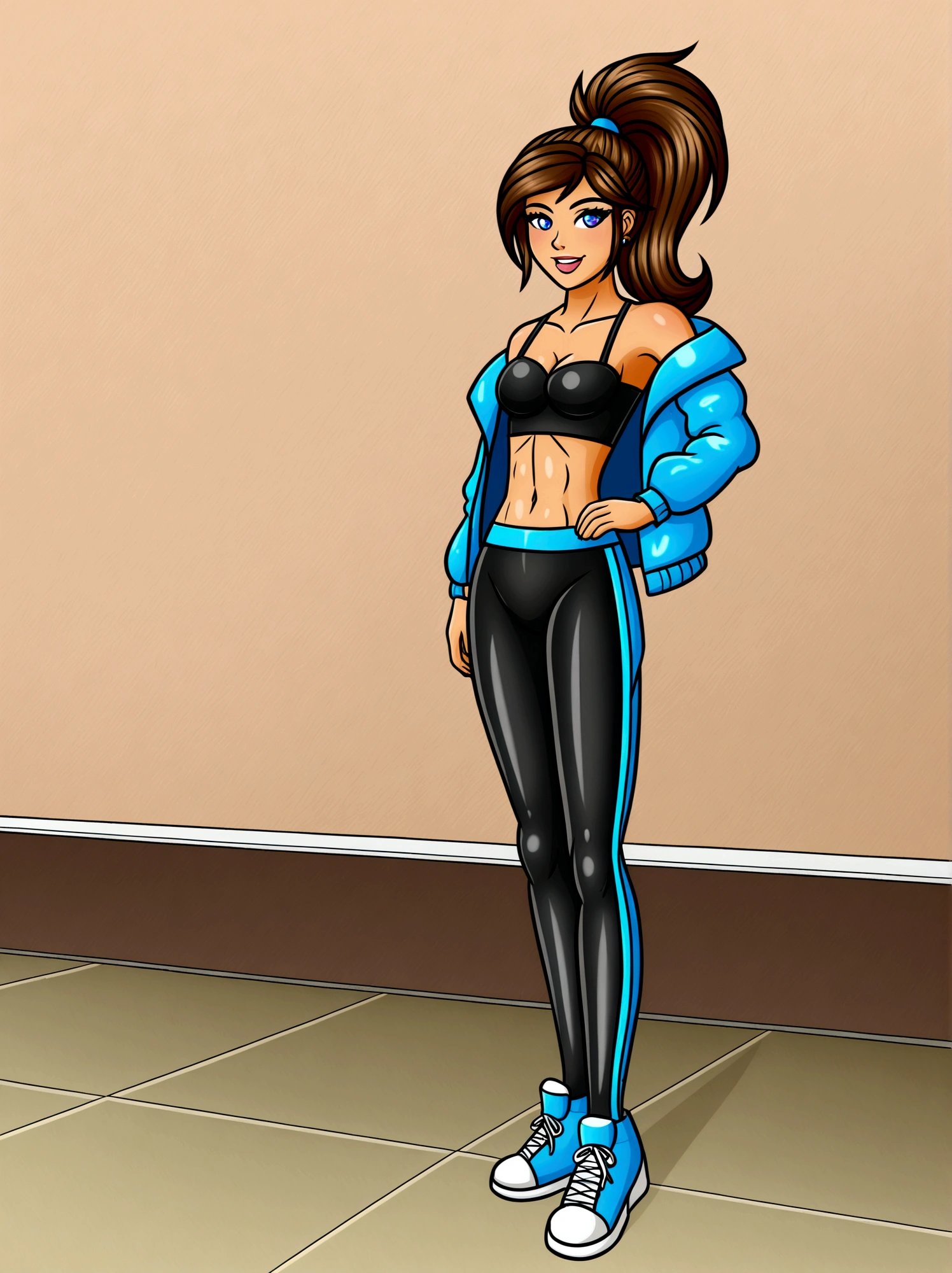 ((masterpiece))，Best quality，absurd，Ultra Detailed，holographic，Golden Ratio，Super cute and beautiful Asian idol girl，Very beautiful violet bright eyes，Beautiful colorful shiny brown hair，High Ponytail，good body shape，fit，Perfect body，Wearing a super tight anime print bodysuit，Super tight anime print off-the-shoulder long-sleeved navel-baring top，Ultra-Beautiful Sheer Mini Jacket，Beautiful hair accessories，Pink Jordan sneakers，Photographed in the store in the mall with her handsome thin boyfriend，Black hair messy and shiny，Wearing super casual clothes，Dark theme elements, Pencil Sketch