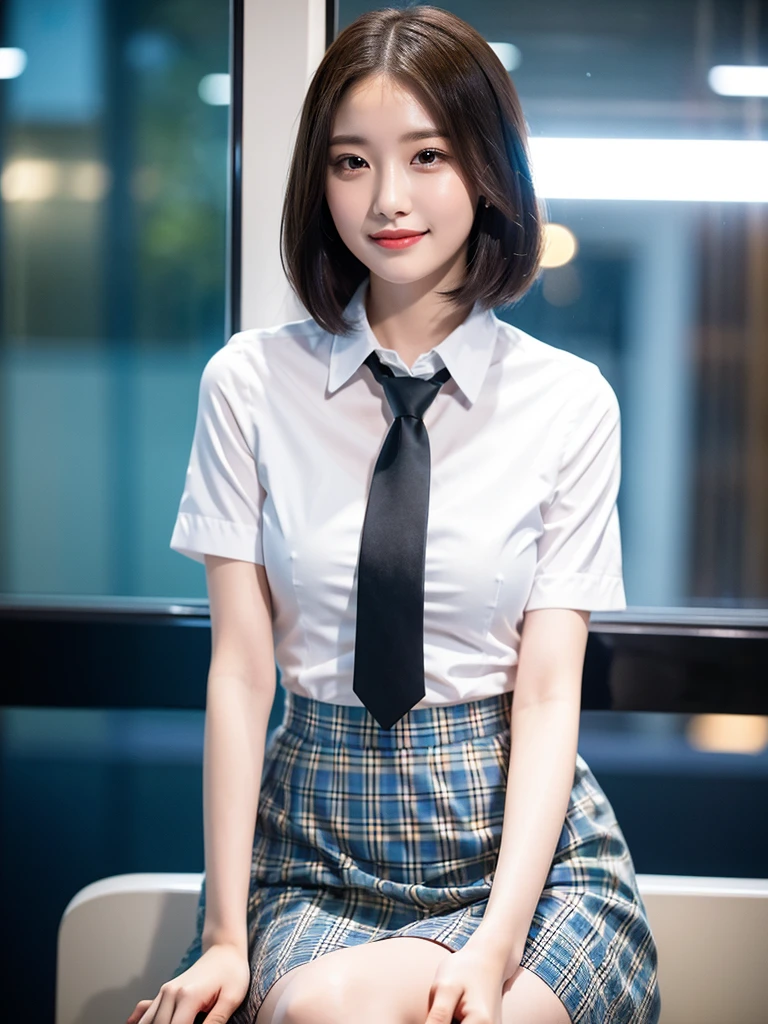 1 girl, age 16, beautiful detailed eyes, beautiful detailed lips, long eyelashes, symmetrical face, youthful smooth complexion, short bob hair, slender figure, well-endowed round bosom, friendly approachable smile, dimples, confident poised demeanor, white short-sleeve blouse, plaid tie, plaid mini-skirt, sitting in empty china bullet train at night, drenched from heavy rain, nightsky background blurred with bokeh effect,(best quality,4k,8k,highres,masterpiece:1.2),ultra-detailed,(realistic,photorealistic,photo-realistic:1.37),HDR,UHD,studio lighting,ultra-fine painting,sharp focus,physically-based rendering,extreme detail description,professional,vivid colors,bokeh