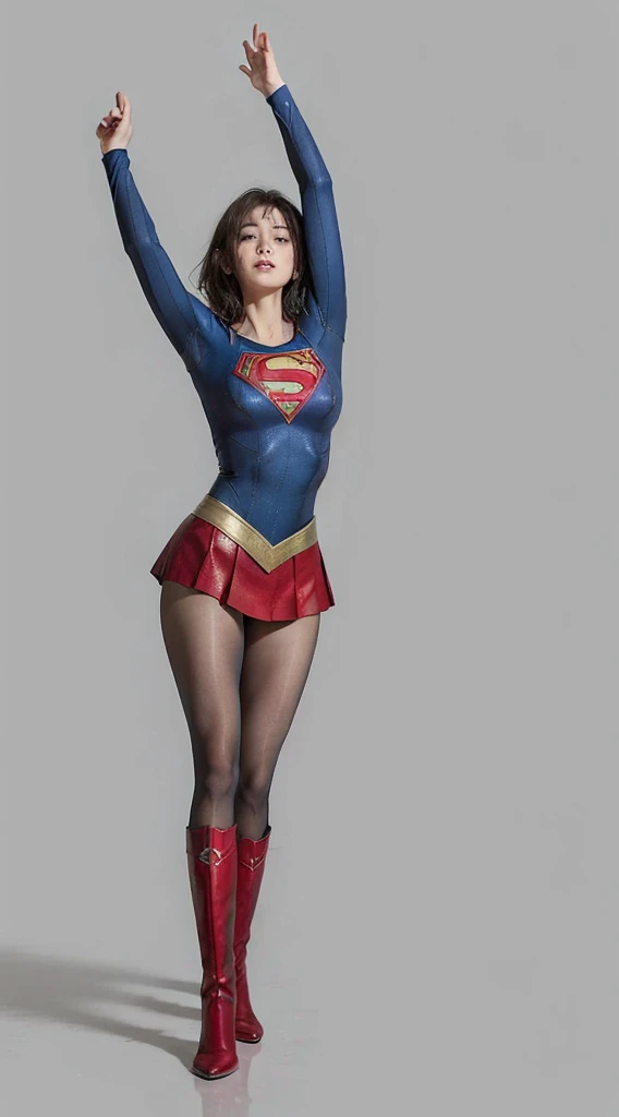 No background、extinct、She always has a troubled look on her face、Always close your eyes、Keep your arms up at all timesおく、Keep your arms up at all times、(((Beautiful legs in black tights.)))、(((Stretch your legs、expensive、あなたのsufferingを合法的に表現する)))、((((Make the most of your original images)))、(((Supergirl Costume)))、(((Beautiful short bob hair)))、(((suffering)))、(((Black tights legs、Wear red boots)))、((Best image quality、8k))、((Highest quality、8k、masterpiece:1.3))、(((Preserve background )))、Sharp focus:1.2、Beautiful woman with perfect figure:1.4、Slim Abs:1.2、Wet body:1.5、Highly detailed face and skin texture、8k