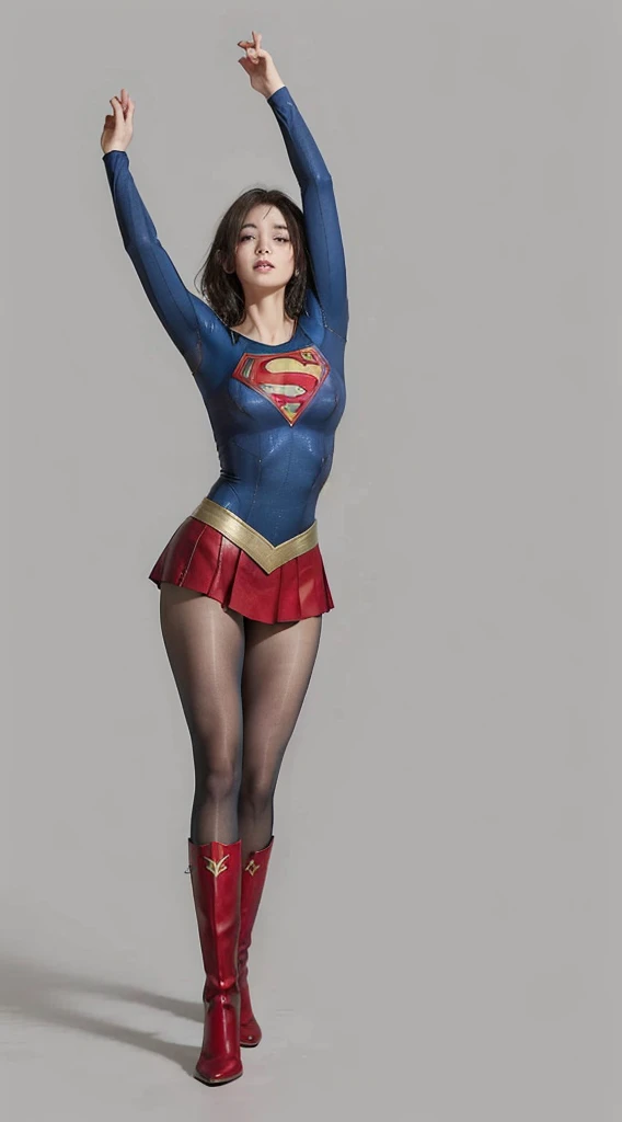 No background、extinct、She always has a troubled look on her face、Always close your eyes、Keep your arms up at all timesおく、Keep your arms up at all times、(((Beautiful legs in black tights.)))、(((Stretch your legs、expensive、あなたのsufferingを合法的に表現する)))、((((Make the most of your original images)))、(((Supergirl Costume)))、(((Beautiful short bob hair)))、(((suffering)))、(((Black tights legs、Wear red boots)))、((Best image quality、8k))、((Highest quality、8k、masterpiece:1.3))、(((Preserve background )))、Sharp focus:1.2、Beautiful woman with perfect figure:1.4、Slim Abs:1.2、Wet body:1.5、Highly detailed face and skin texture、8k