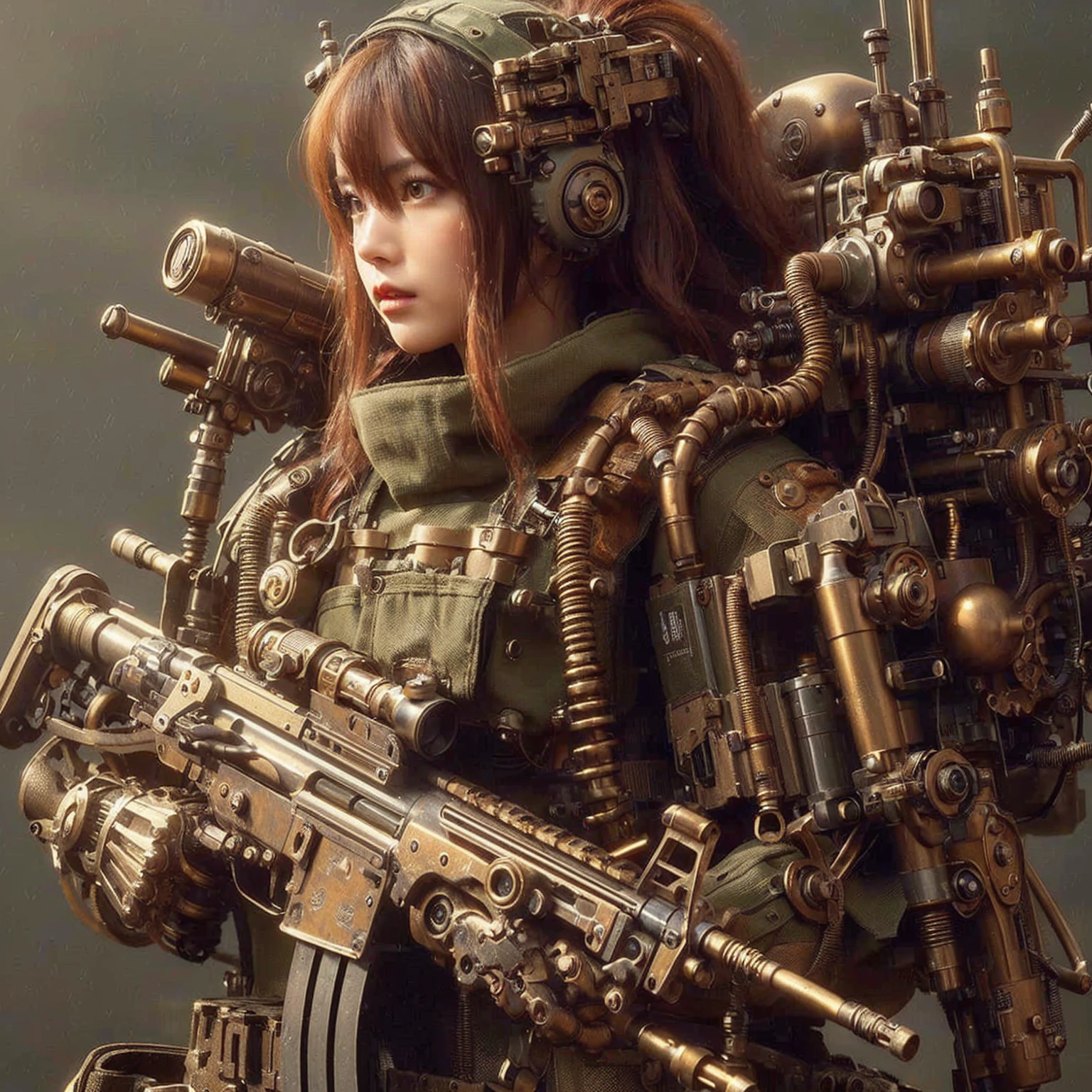 (masterpiece, best quality:1.2), (8k uhd, 16k, 32k, ultra high res), realistic photo, ultra sharp photo result, HDR10, superrealism, (The main subject: Wide-angle lens), (steampunk:1.2), beautiful japanese female, (super beautiful face), legs, Power mechanical suit), (super intricate all details), (super realistic all textures), metallic yellow color, hydraulic cylinder, Rust, scars from previous battles, (steam engine like),cinematic poses in motion, Rain, humidity, jungle