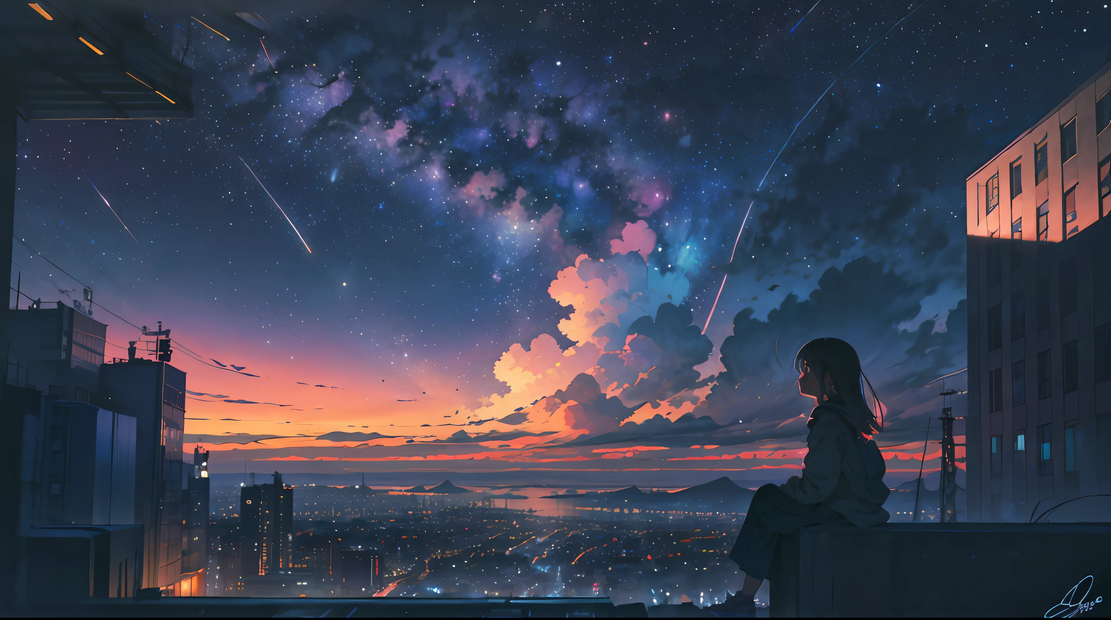 octano, sky, Star (sky), scenario, Starry sky, noite, 1 , noite sky, Sozinho, ao ar livre, assinaturas, building, nuvem, Milky Way, sentado, Size tree, a bird，cabelo longo, cidade, Silhueta, cidadescape