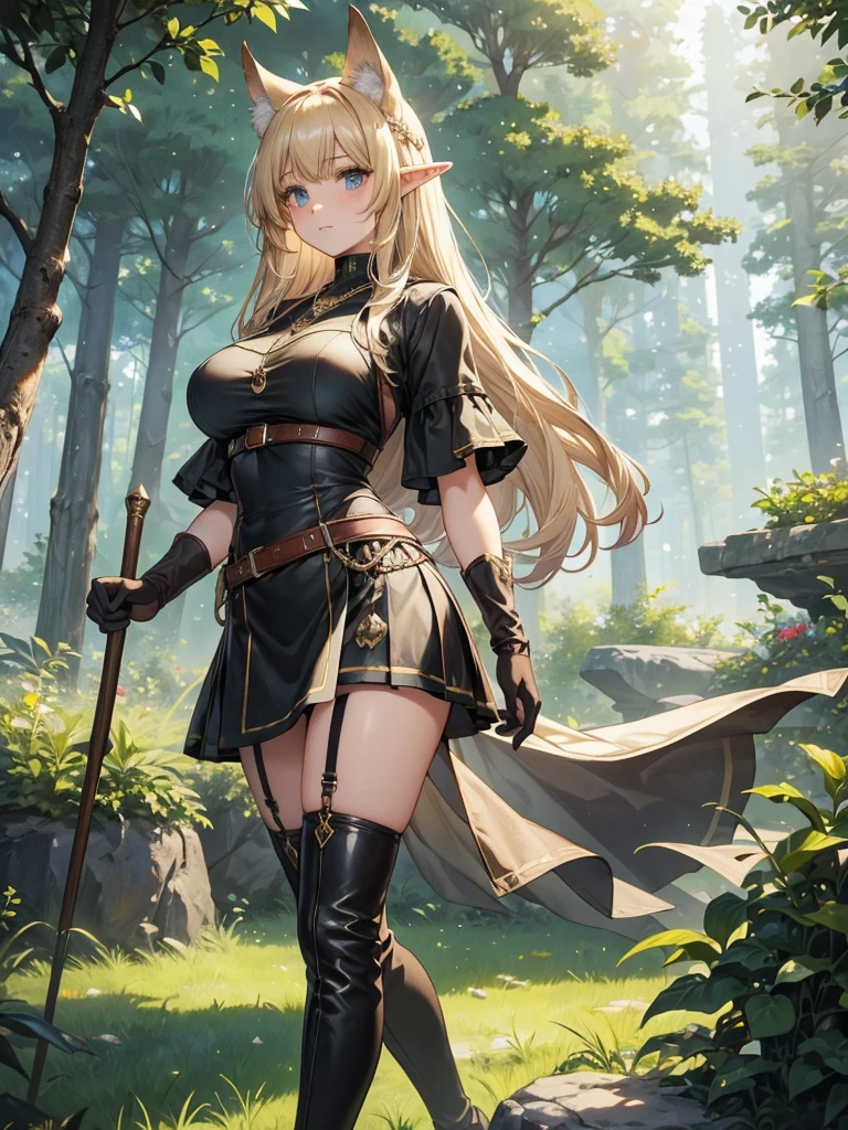 (Just one person) Features: A adventurer, fair-skinned elven woman, with elven ears, a curvy body, a thin waist, very large large bust, and wide hips. She has big sapphire blues eyes. Her hair is long blonde wolfcut style and half up half down with long curtain bangs and side bangs. Her expression is neutral. Outfit: She wears a adventurer's brown leather over-the-knee boots with laces, adventurer's brown gloves with straps that reach the elbow, a brown leather strap with ties, a very short black skirt, a low-cut green shirt with ruffles at the neckline and at the ends of the short sleeves and a necklace with a greenish diamond pendant. Setting: The place around her is a pine forest with light green leaves. The terrain has large gray stones and green grass.
