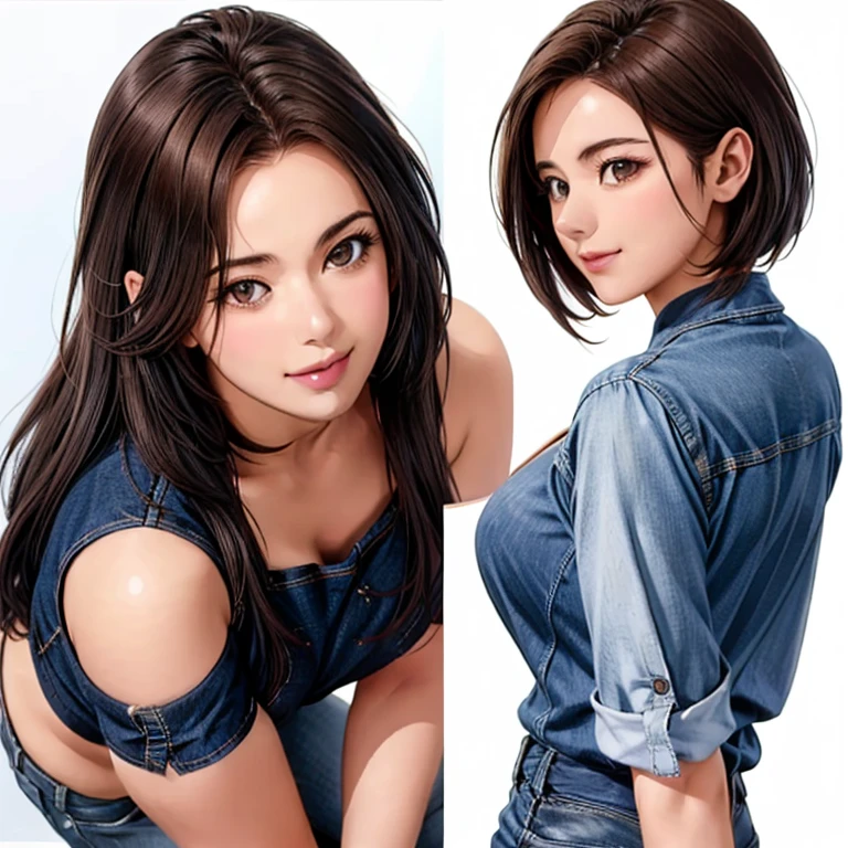 Detailed character sheet, Front view, Side view, Diagonal view, with a white returnground, show women, 30 years old, with short dark brown hair combed return, Wearing light casual clothing, Wearing tight denim jeans. The seat includes different angles, Front etc., return, and Side views, Model sheets and reference sheets, Full-body painting. Proportions are based on a 7.5 head scale.