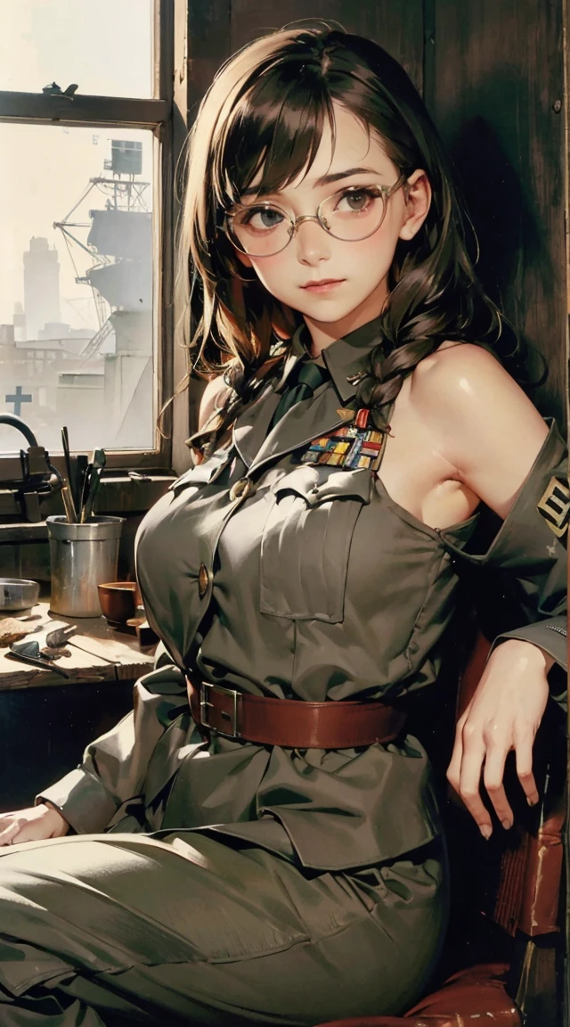 ((super intricate all details)),((super realistic all textures)),Overall photo of a female soldier sitting on a piece of fictional WWII Japanese military type weapon, beautiful face, dirty clothes, very intricate details, olive drab paint, peeling paint, weathering, rust, taken with Fuji film X-T30+Nokton. HDR10 arte por (Carl Larsson:1.2),(Postimpresionista),Color Monet,((Bragas de pierna alta)),tiro cercano,oil painting,Soft lighting,cold,shiranui mai,Brown eyes, pelo largo, By the chestnut, cinta blanca,cintura estrecha, Caderas anchas, muslos gruesos, Cuerpo inferior, session,Dark modern room,((pechos enormes:1.3)), gargantilla negra, (masterpiece), best quality, night bedroom, pale pink bra, bashful, blush, indoors, dress shirt, bra open shirt, from below, pov, low angle, mari ohara bigass bighip、FUCK FUCKOFF SEXY(((masterpiece))), (((best quality))), ((ultra-detailed)), (illustration), (detailed light), ((an extremely delicate and beautiful)), (beautiful detailed eyes), (sunlight), blush, shy, gigantic breasts, uzaki, outdoors, dynamic pose, naked overalls bare shoulders bigass bighip、FUCK FUCKOFF SEXYroupa modesta, tiro remoto, Detalhe bonito rosto delicado, Olhos delicados bonitos detalhados, perfect facial proportions, High definition skin, pele fina, best four inch aspect ratio. Com um polegar, uma obra-prima, altamente detalhado, Realistic, (German World War II general uniform reference : 1.8), the highest facial resolution, , mulher modestamente vestida, vestido inteiramente, ( pequeno, cabelos pretos, black franja reta, super thin braids, franja reta, Red glasses, olho verde escuro, science fiction, Fighter aircraft, standing On the landing of a Fighter aircraft, the agency, uma personalidade profundamente inteligente, A calm expression, um rosto respeitoso, uma guerra, a Fighter aircraft