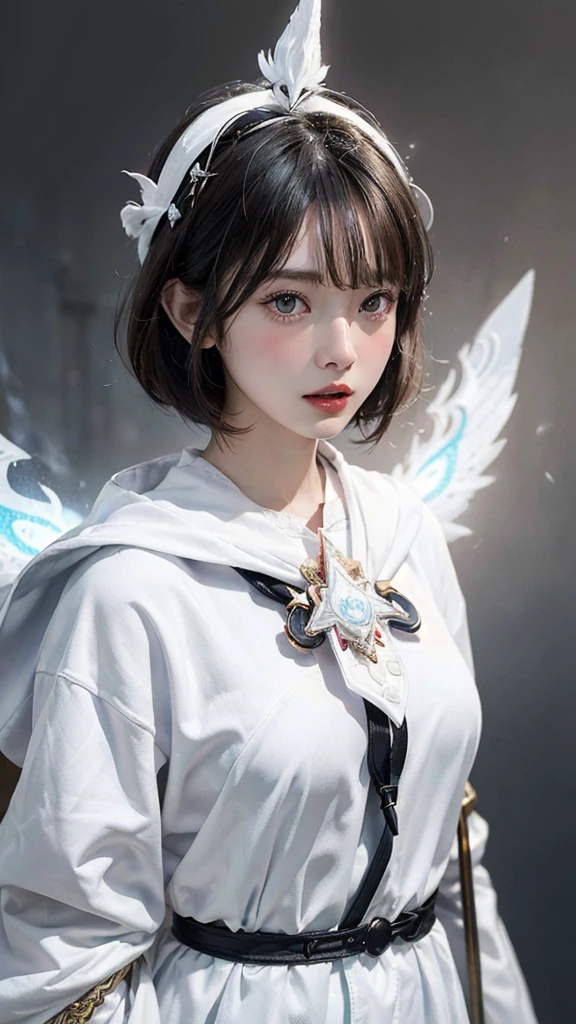 (Highest quality, masterpiece:1.3), shape, ((Beautifully detailed face)), Beautiful and detailed skin, Intricate details, Very detailed, Best image quality in 8K,Fantasy,A world of swords and magic,ファイナルFantasy,(White Mage:1.6),Mysterious,The Power of Mystique,Magical Power, (18-year-old female:) (Large Breasts:1.2),Japanese girl,Baby Face,(Detailed Hair,Bobcut:1.6,Black Hair),Detailed lips,Open your mouth,blush,Embarrassing,(whole body:1.8), (Castle),Realistic Face,Realistic Skin,(Vibrant Skin),Vivid lips,Lip gloss