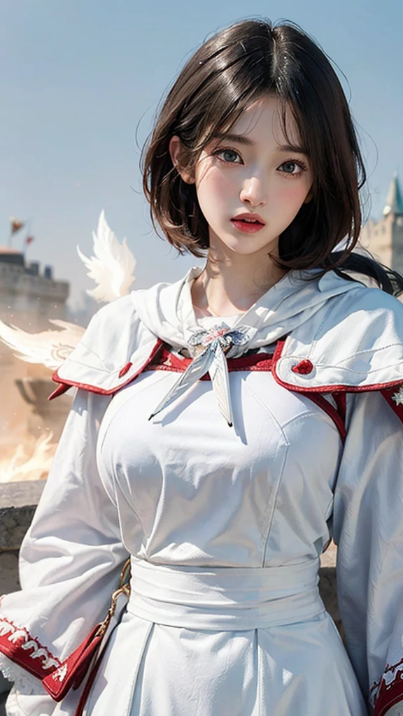 (Highest quality, masterpiece:1.3), shape, ((Beautifully detailed face)), Beautiful and detailed skin, Intricate details, Very detailed, Best image quality in 8K,Fantasy,A world of swords and magic,ファイナルFantasy,(White Mage:1.5), (18-year-old female:) (Large Breasts:1.2),Japanese girl,Baby Face,(Detailed Hair,Bobcut:1.6,Black Hair),Detailed lips,Open your mouth,blush,Embarrassing,(whole body:1.8), Realistic Face,Realistic Skin,(Vibrant Skin,Moisturized Skin:1.2),Vivid lips,Lip gloss,Carrying a walking stick