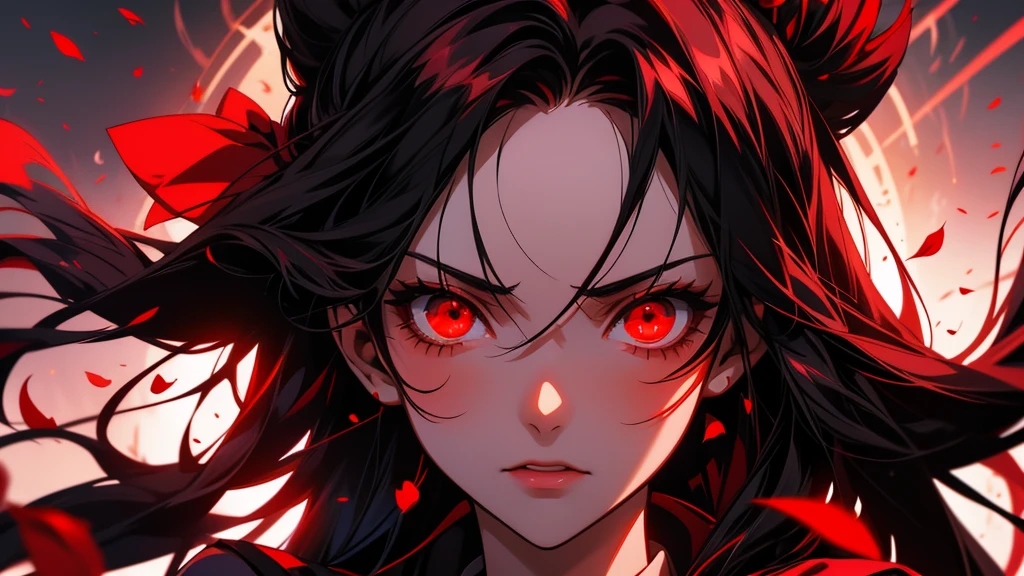 Anime girl with black hair and red petals on her face, Yandere, gapmoe Yandere, With eyes that glow red, Another close-up of Iwakura, bakemonogatari, gapmoe Yandere grimdark, Red eyes glow, By Ren, Tohsaka Rin, With red eyes, sakura petals around her, Singey