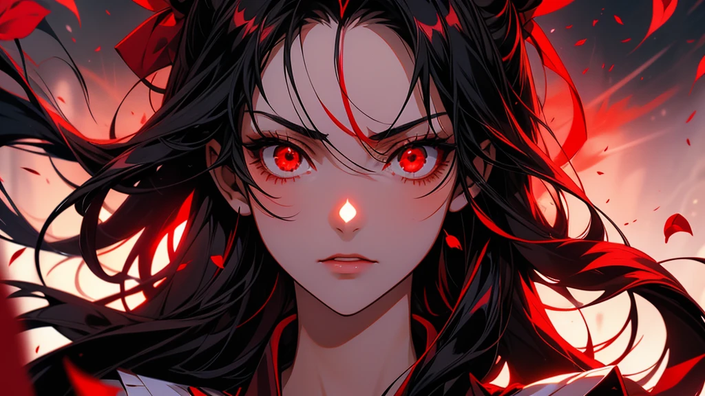 Anime girl with black hair and red petals on her face, Yandere, gapmoe Yandere, With eyes that glow red, Another close-up of Iwakura, bakemonogatari, gapmoe Yandere grimdark, Red eyes glow, By Ren, Tohsaka Rin, With red eyes, sakura petals around her, Singey
