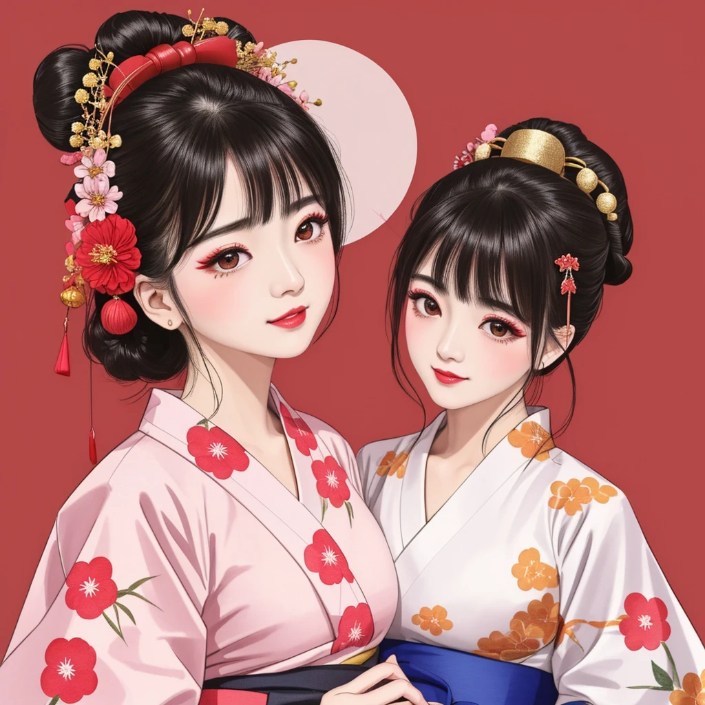 Each has a different expression２People and sisters、(２ girls）、｟Dancing traditional arts with grace)、((Big Breasts、Small Face、Not exposed))、Highest quality、masterpiece、（Black Hair、Bun Hair）、Brown Eyes、｟Wide angle、Angle from above the waist、雑誌の表紙のPause、Their gazes are different, gazing into the distance｠、(８K High Quality、masterpiece、High resolution、Realistic and beautiful light and shadow、(Highest quality)、(High Resolution)、(Very delicate and beautiful)、(Beautiful 8k face)、(With a smile、Beautiful eyes)、(Clear skin)、(Soft hair)、(８Head to Body)、(A Japanese-style yukata kimono with red, pink, orange and blue floral patterns on a white background, interspersed with gold powder、Wearing a yukata２Beautiful Japanese girls)、((Tanabata decoration background))、((Small Face))、(arms up)、Thin and small nose、（Red lipstick）、（Make your cheeks red）、（Glossy skin）、((Ink painting style))、Very thin eyebrows、Overall ultra-high image quality、（She is wearing maiko-style makeup.）、Whitening、Long and beautiful eyelashes、Glowing Skin、（Red cheeks）,Straight nose、masterpiece、Highest quality、whole body、 Eyebrows visible through hair、Bun Hair、Grin、Gal、コGal、Viewer&#39;s Eyes、Plaid、Stylish、woman、fine、Pause、
Waiting to start 
