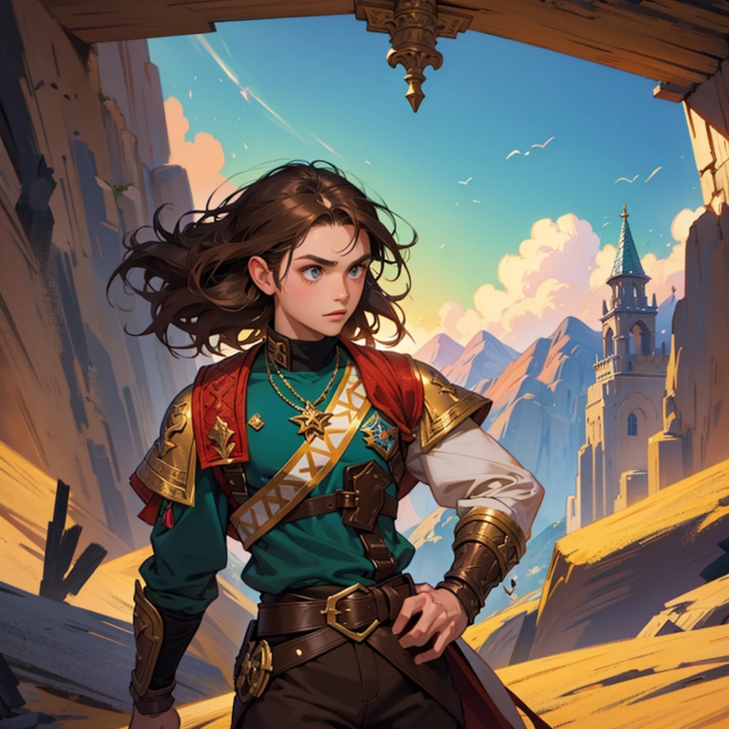 Fantasy brown hair teen, halfling race,illustration,ultra-detailed,painted style,vibrant colors,heroic pose,fantasy portrait,adventure theme,strong and fearless teen.
