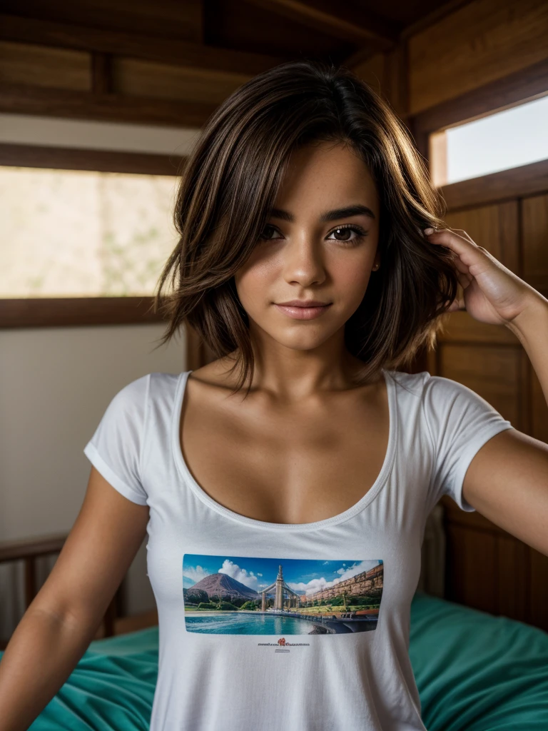 Obra de arte, Alizee Jacotey, adolescente magro, cabelo curto de pajem, photographic quality, sombra e batom, poses de retrato, senta na cama para um retrato sofisticado, vestindo camiseta preta longa de cetim brilhante, 16K, ultra high resolution.fotorrealista, Ultra HD, cru, Luz natural