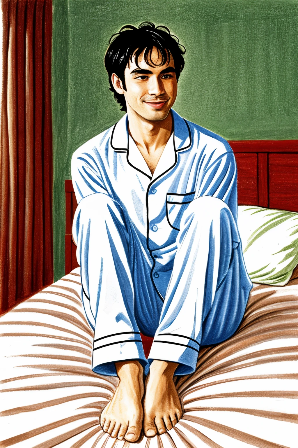 2d drawing of a man putting on his pajamas to go to sleep